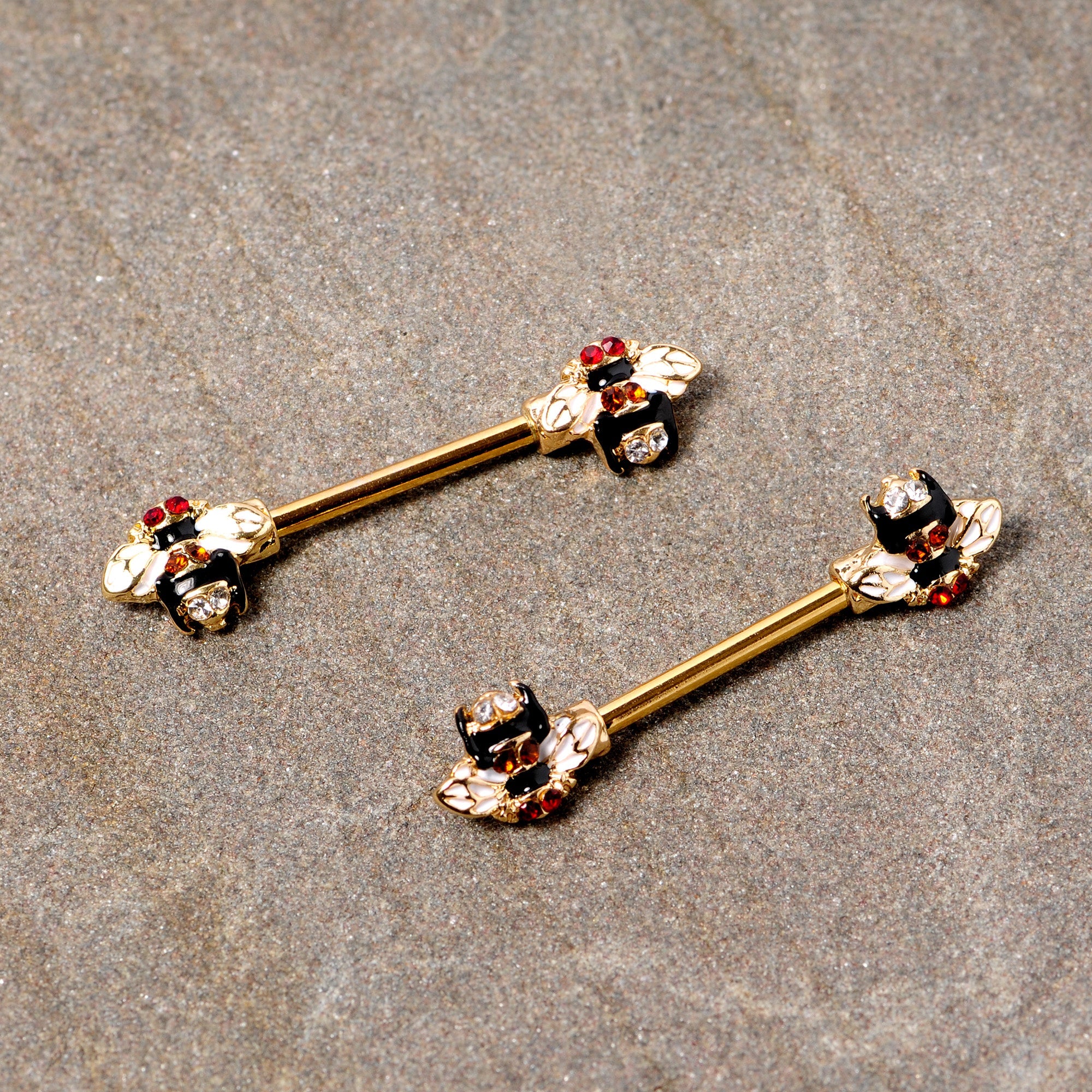 BodyCandy 14G 9/16 Clear Yellow Gem Gold Tone Bee Barbell Nipple Ring Set — detail close-up