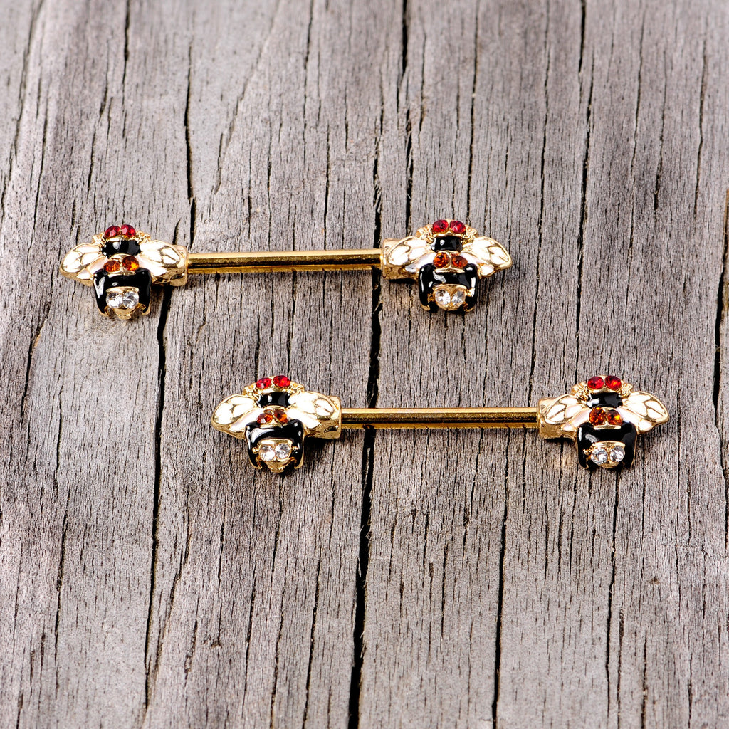 BodyCandy 14G 9/16 Clear Yellow Gem Gold Tone Bee Barbell Nipple Ring Set — lifestyle context