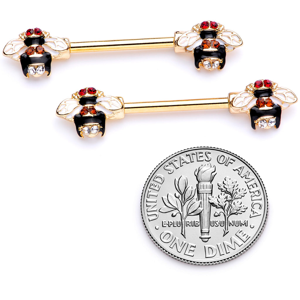 BodyCandy 14G 9/16 Clear Yellow Gem Gold Tone Bee Barbell Nipple Ring Set — side view
