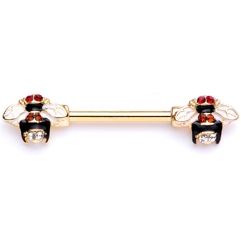 BodyCandy 14G 9/16 Clear Yellow Gem Gold Tone Bee Barbell Nipple Ring Set — back view