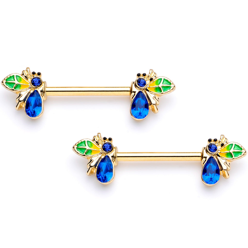 BodyCandy 14G 9/16 Blue Gem Gold Tone Colorful Bee Barbell Nipple Ring Set — main product shot