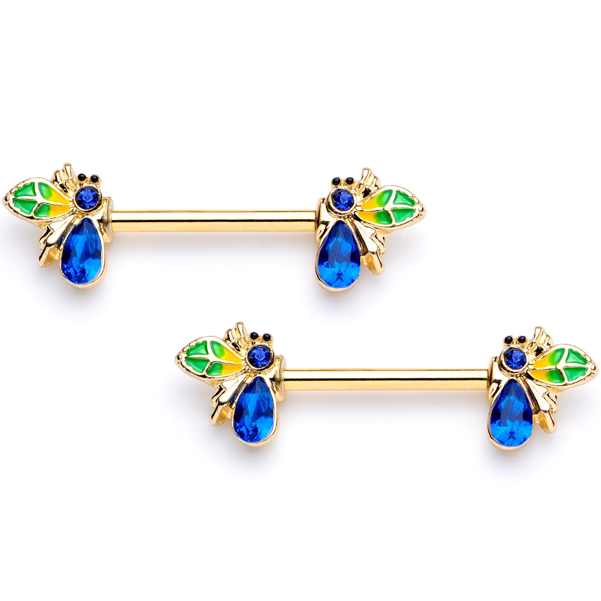 BodyCandy 14G 9/16 Blue Gem Gold Tone Colorful Bee Barbell Nipple Ring Set — main product shot