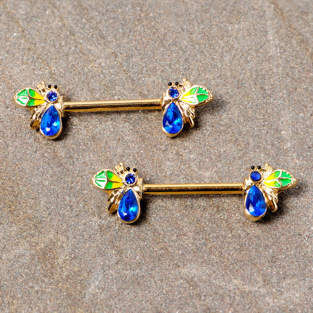 BodyCandy 14G 9/16 Blue Gem Gold Tone Colorful Bee Barbell Nipple Ring Set — detail close-up