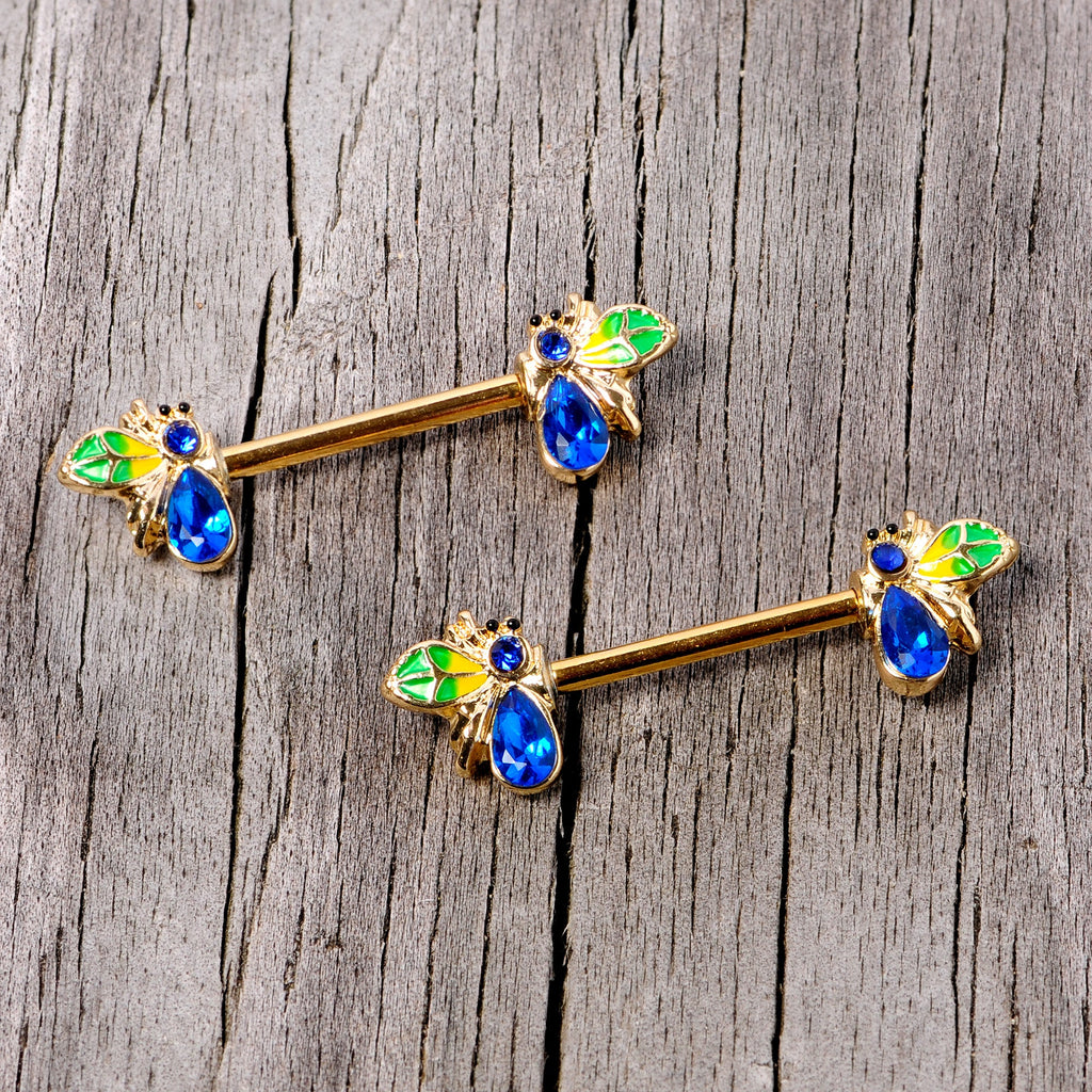 BodyCandy 14G 9/16 Blue Gem Gold Tone Colorful Bee Barbell Nipple Ring Set — lifestyle context