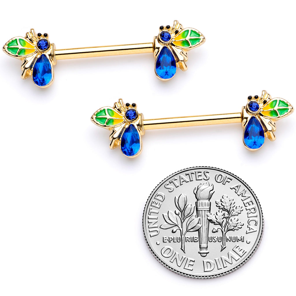BodyCandy 14G 9/16 Blue Gem Gold Tone Colorful Bee Barbell Nipple Ring Set — side view