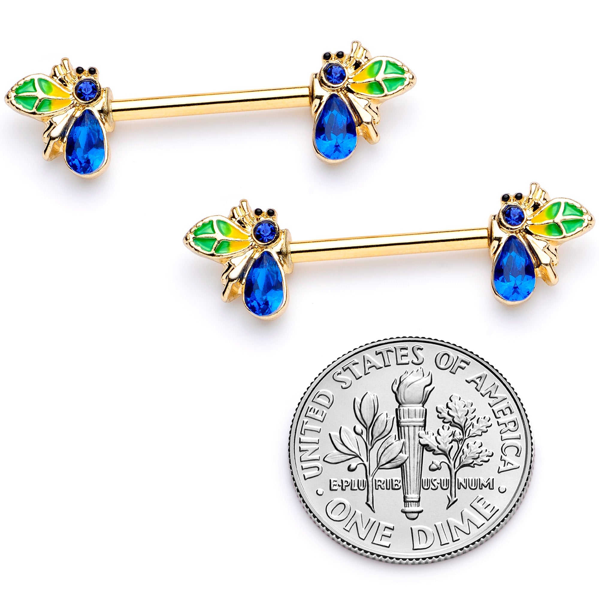 BodyCandy 14G 9/16 Blue Gem Gold Tone Colorful Bee Barbell Nipple Ring Set — side view