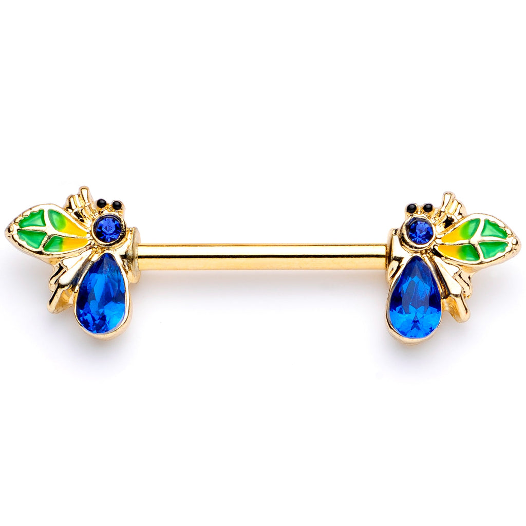 BodyCandy 14G 9/16 Blue Gem Gold Tone Colorful Bee Barbell Nipple Ring Set — back view