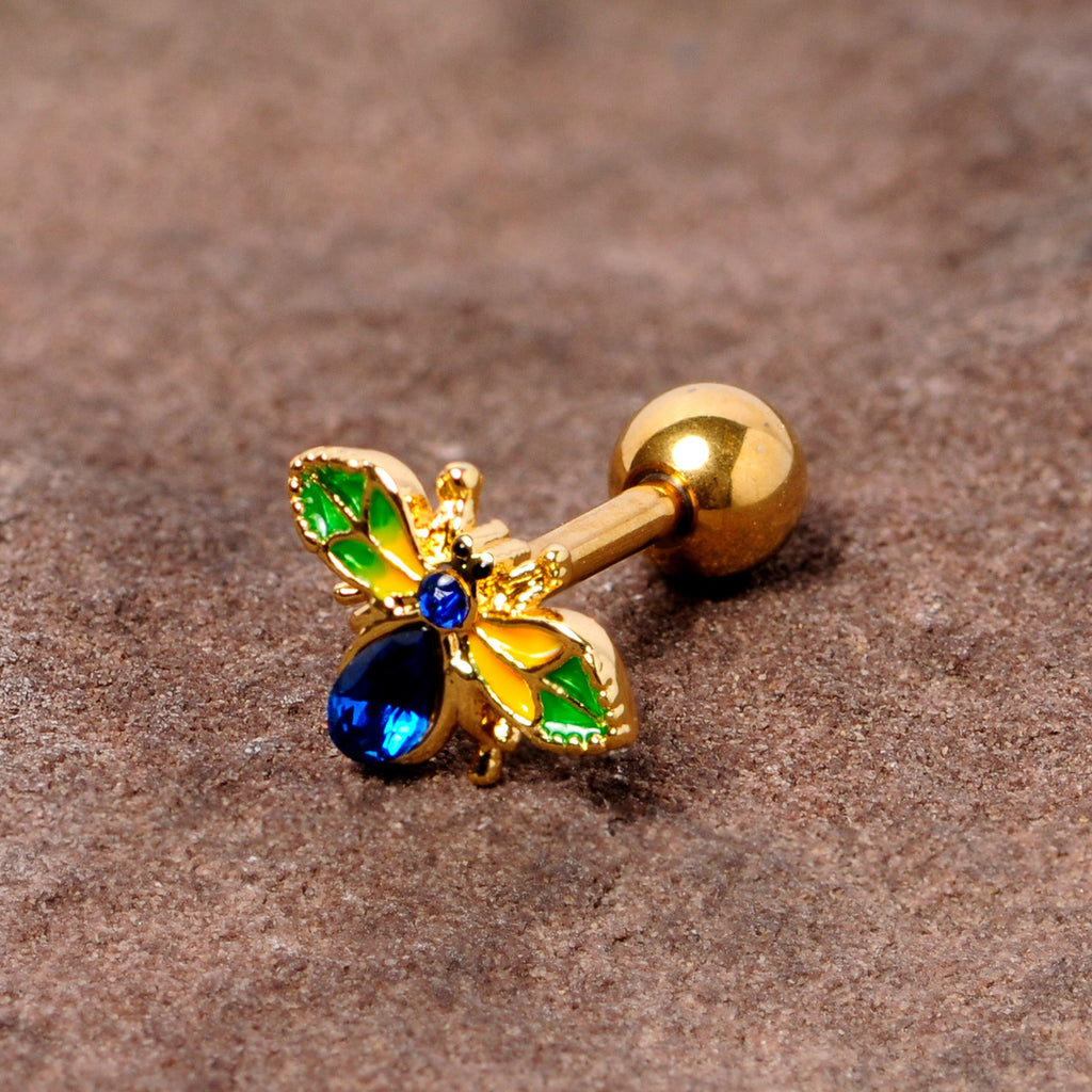 BodyCandy 16G 1/4 Blue Gem Gold Tone Colorful Bee Cartilage Tragus Earring — detail close-up