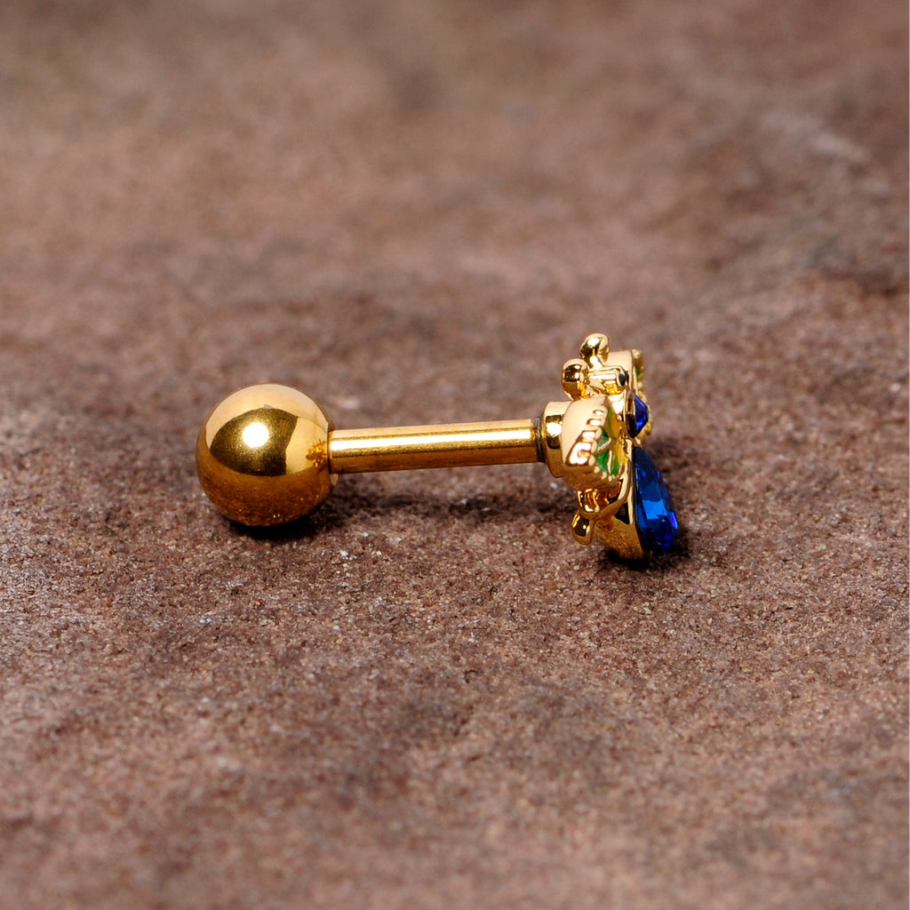 BodyCandy 16G 1/4 Blue Gem Gold Tone Colorful Bee Cartilage Tragus Earring — side view