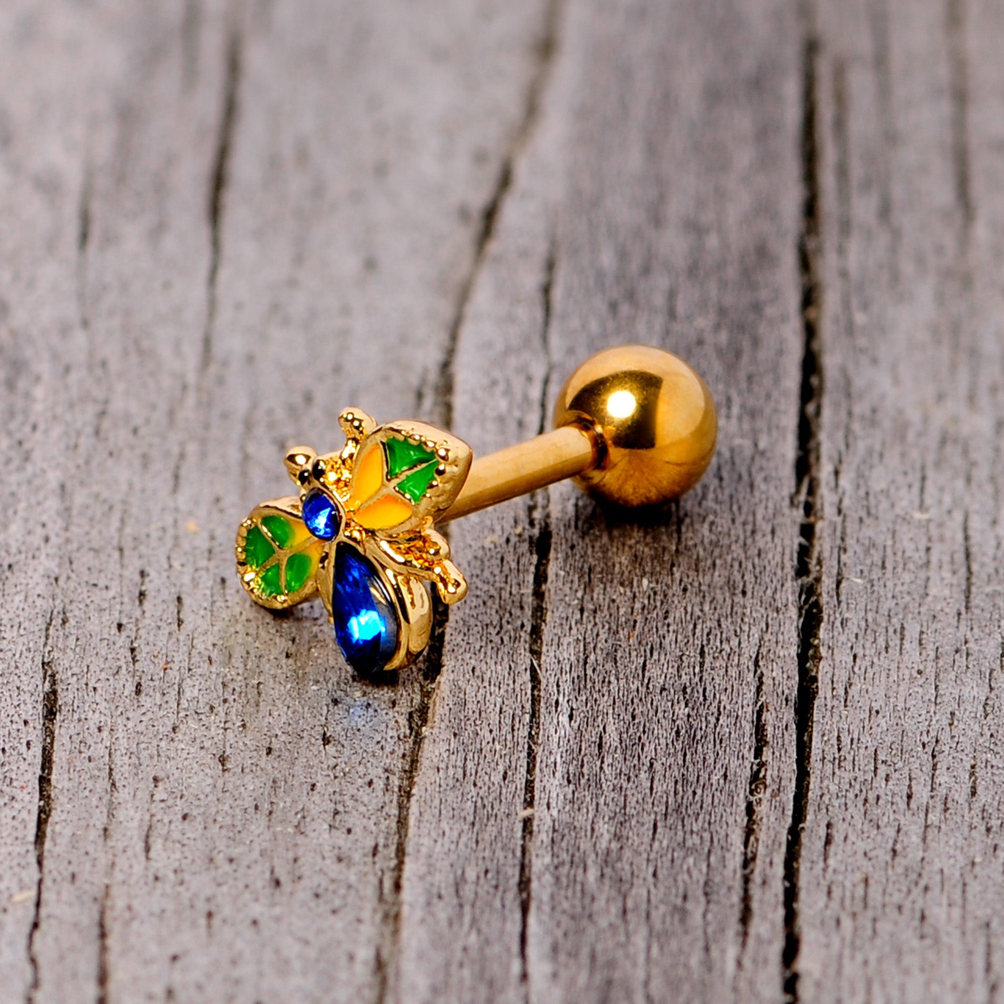 BodyCandy 16G 1/4 Blue Gem Gold Tone Colorful Bee Cartilage Tragus Earring — back view