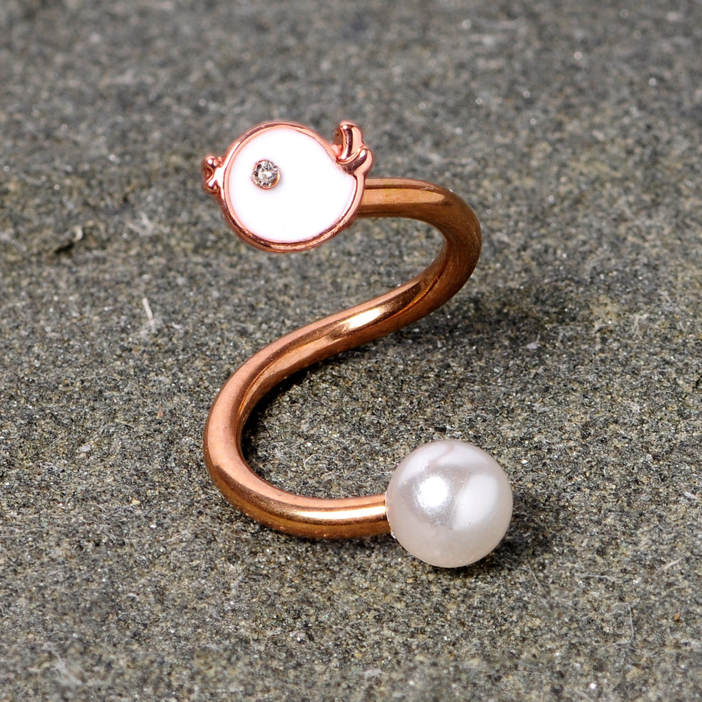 BodyCandy 14G 3/8 Clear Gem Rose Gold Tone Bird Spiral Twister Belly Ring — detail close-up