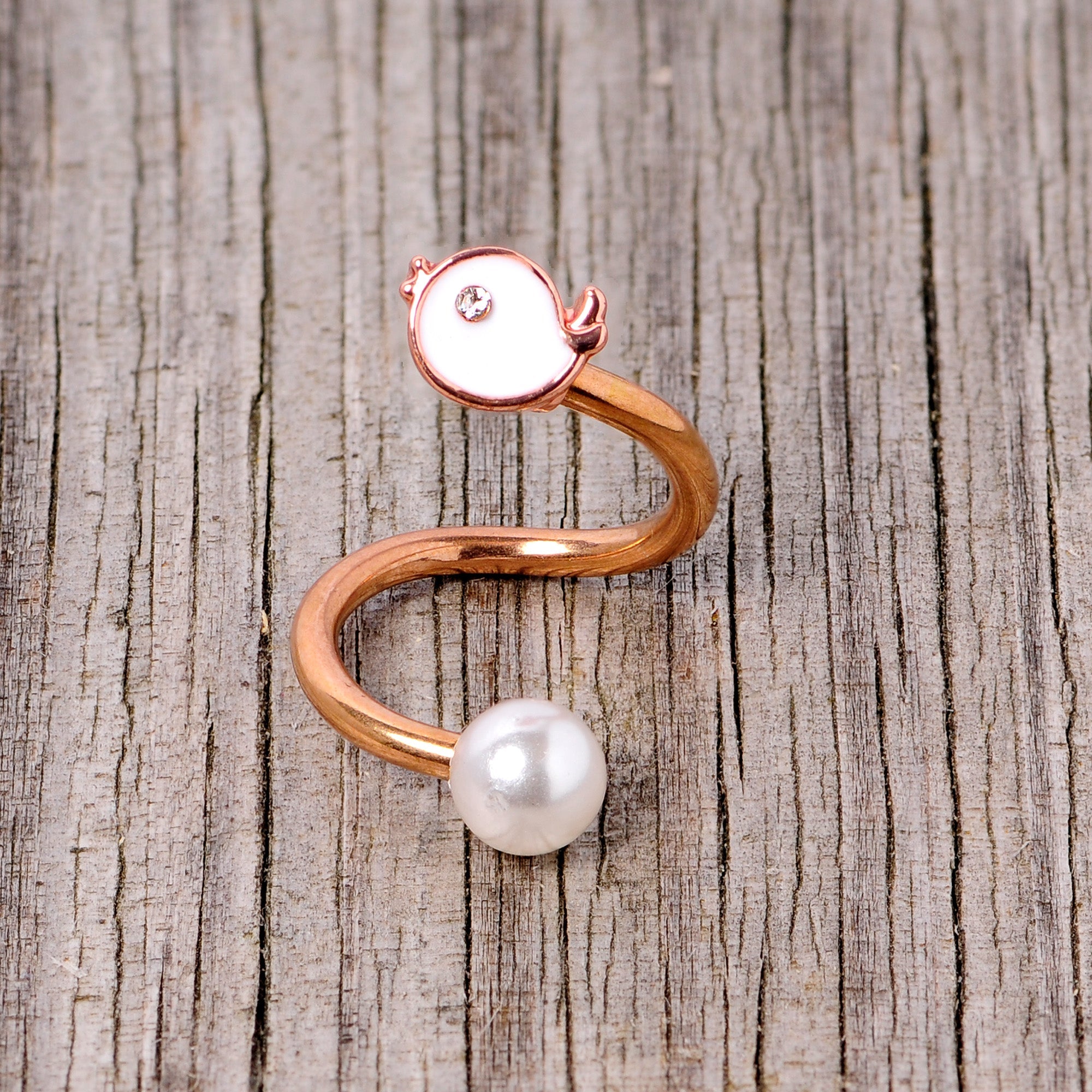 BodyCandy 14G 3/8 Clear Gem Rose Gold Tone Bird Spiral Twister Belly Ring — side view