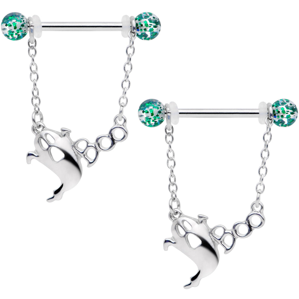 BodyCandy 14G 5/8 UV Ball Boo Ghost Halloween Chain Dangle Nipple Ring Set — main product shot