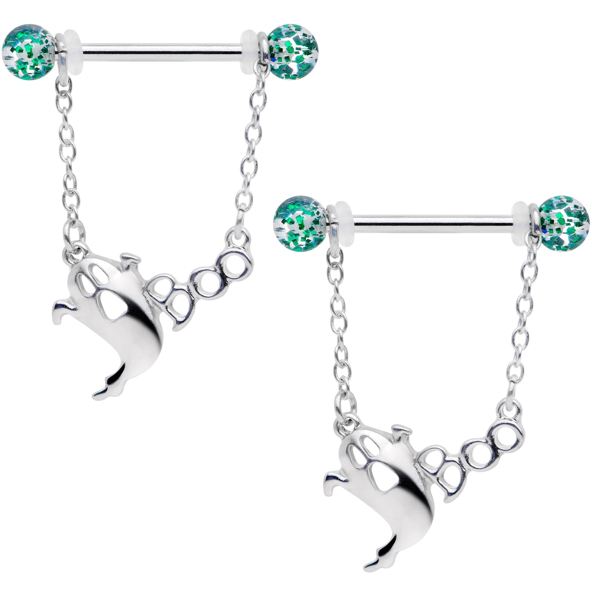 BodyCandy 14G 5/8 UV Ball Boo Ghost Halloween Chain Dangle Nipple Ring Set — main product shot