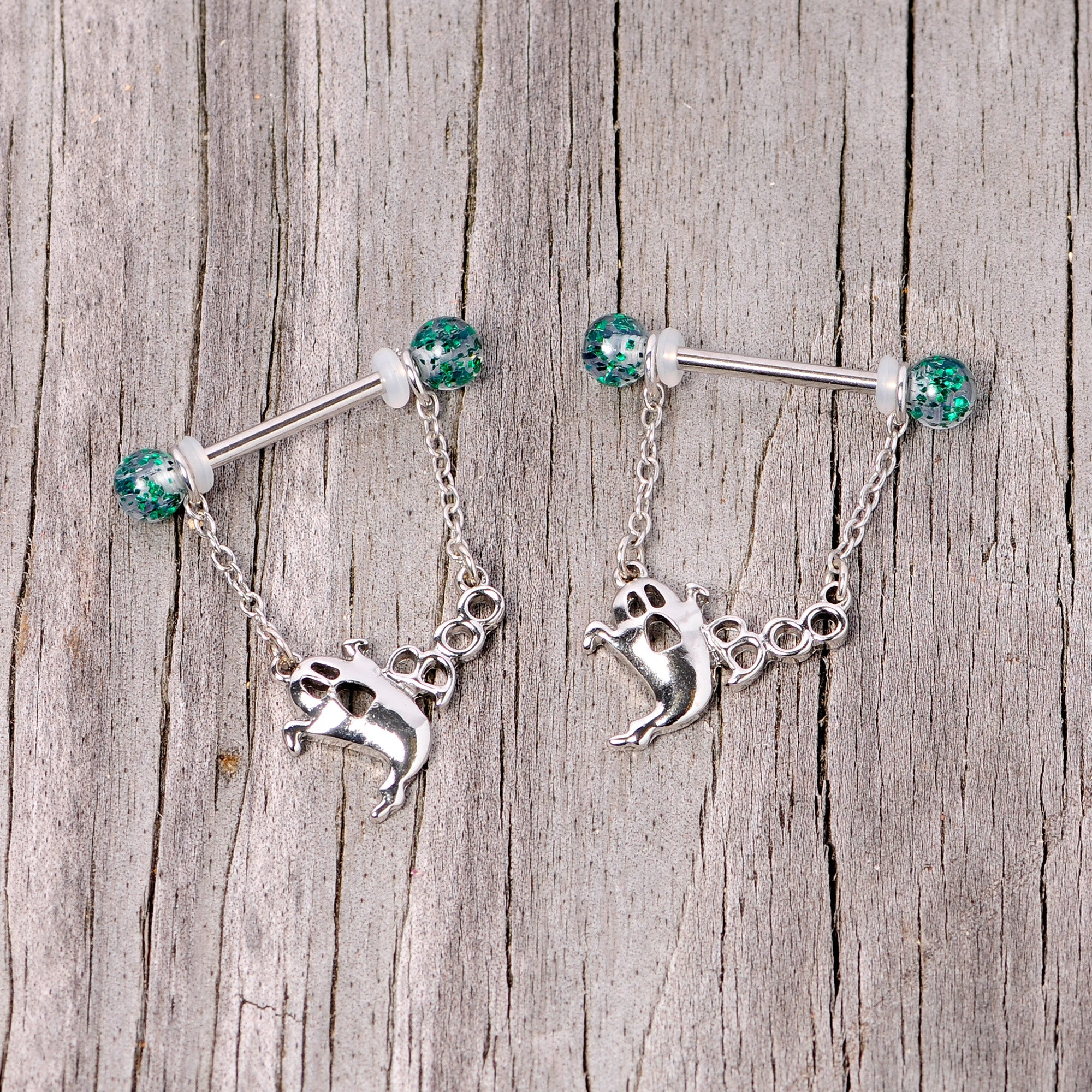 BodyCandy 14G 5/8 UV Ball Boo Ghost Halloween Chain Dangle Nipple Ring Set — side view