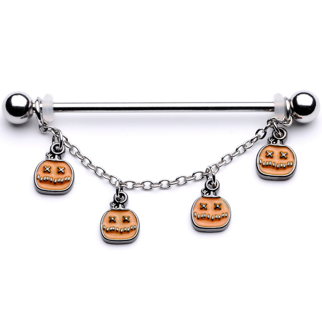 BodyCandy 14G Pumpkin Patch Halloween Chain Dangle Industrial Barbell 38mm — detail close-up