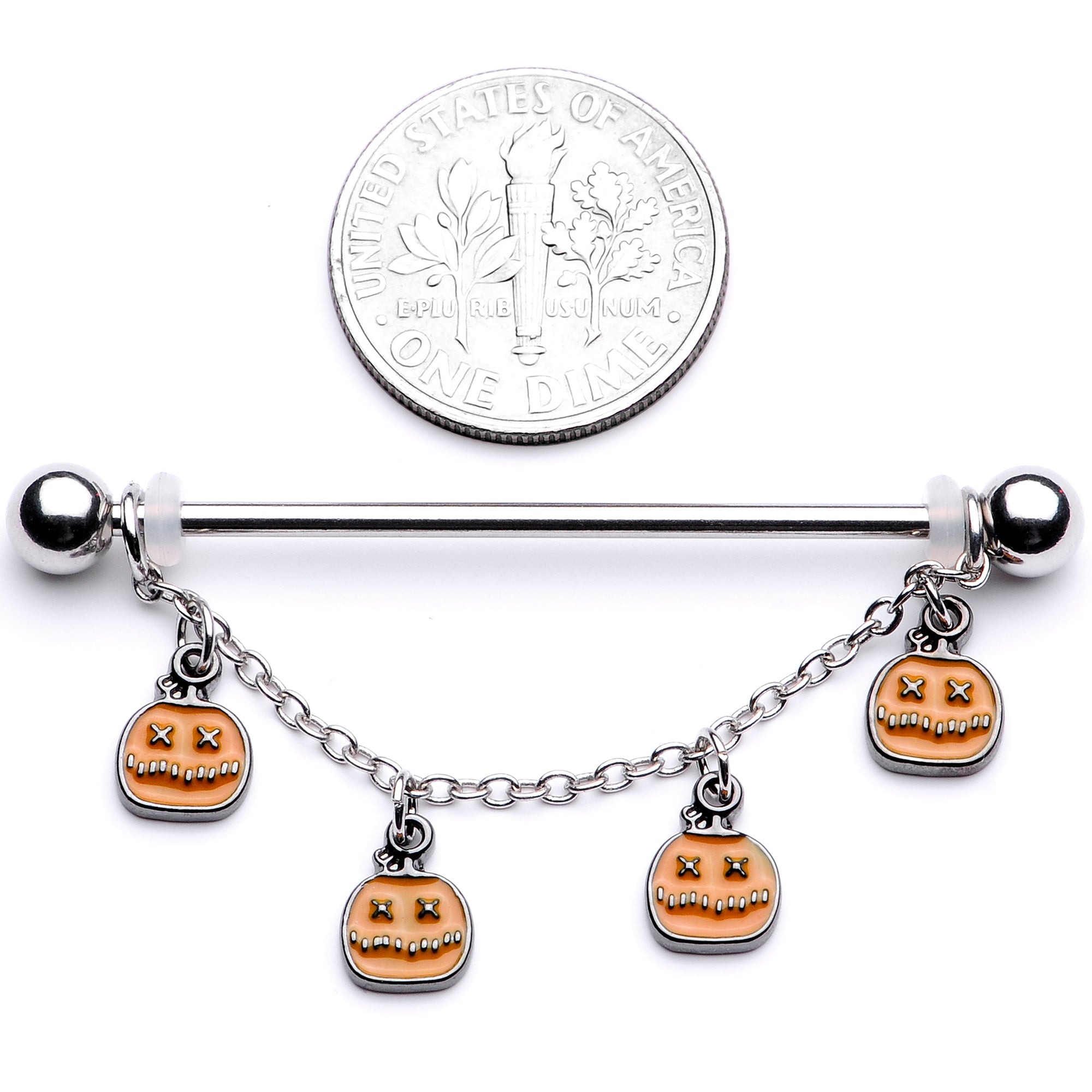 BodyCandy 14G Pumpkin Patch Halloween Chain Dangle Industrial Barbell 38mm — lifestyle context