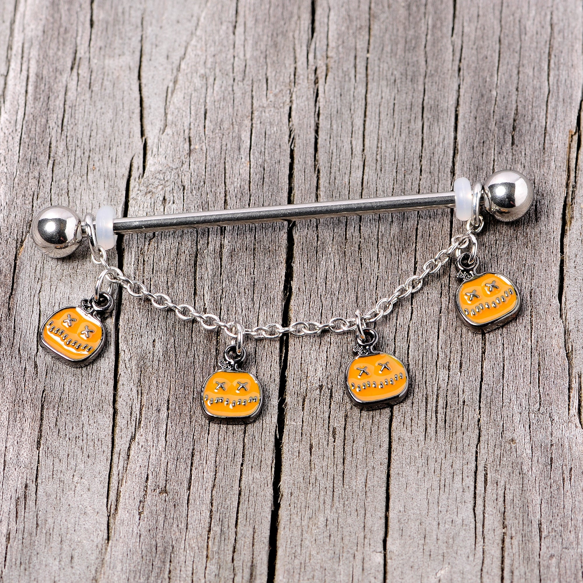BodyCandy 14G Pumpkin Patch Halloween Chain Dangle Industrial Barbell 38mm — side view