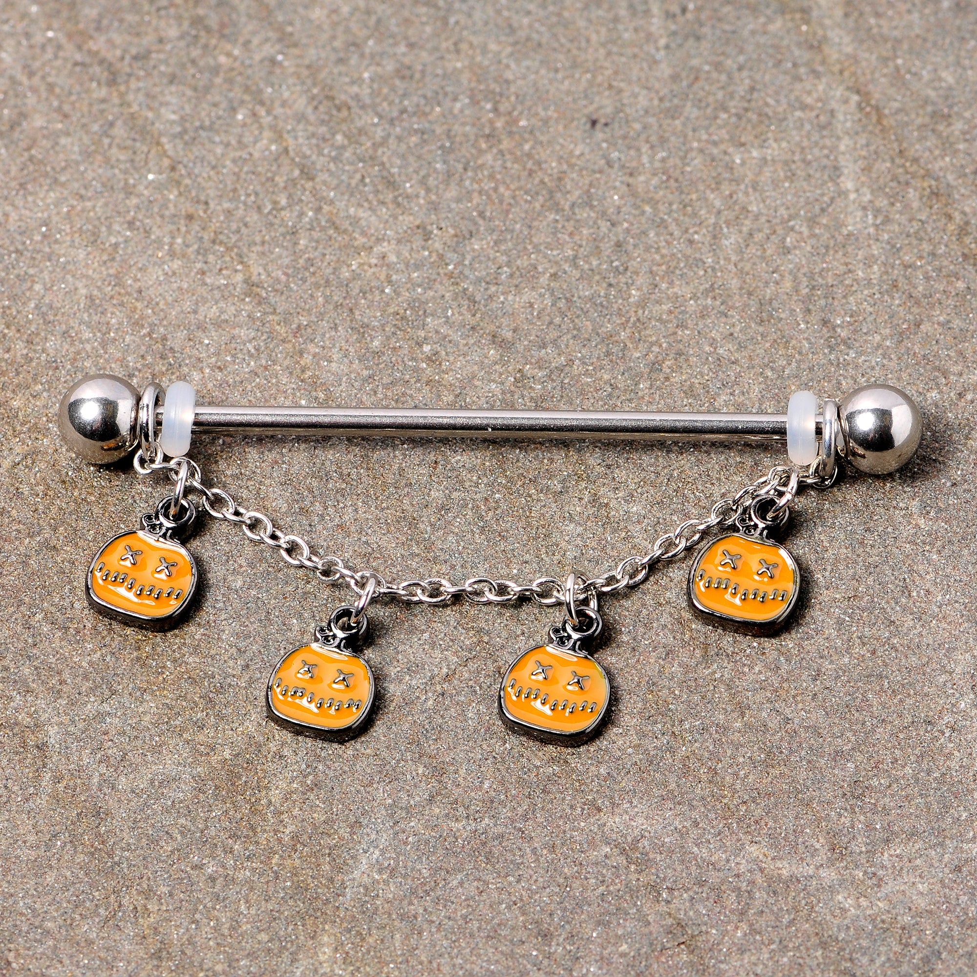 BodyCandy 14G Pumpkin Patch Halloween Chain Dangle Industrial Barbell 38mm — back view