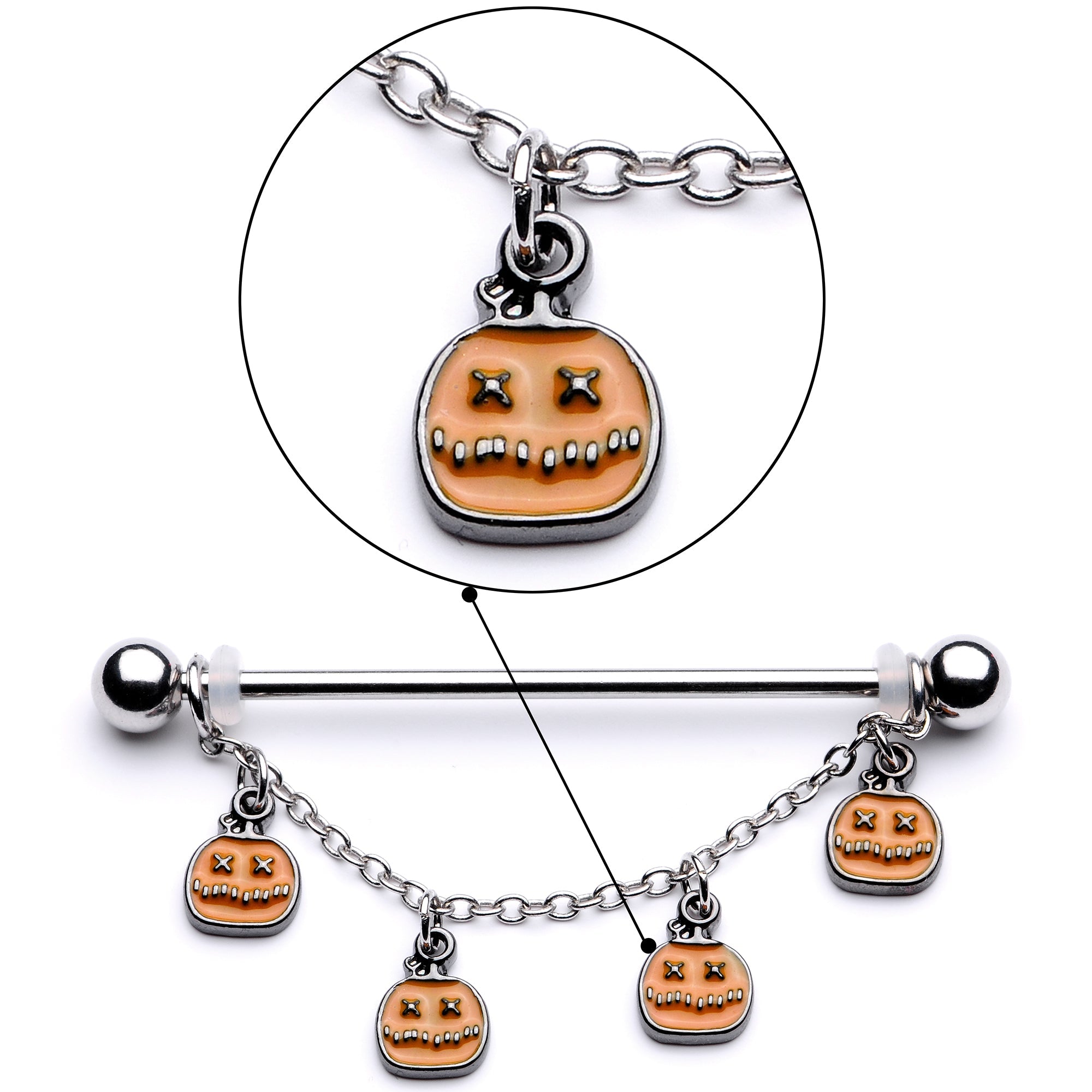 BodyCandy 14G Pumpkin Patch Halloween Chain Dangle Industrial Barbell 38mm — alternative angle