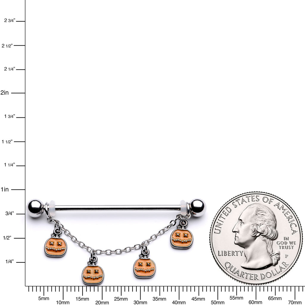 BodyCandy 14G Pumpkin Patch Halloween Chain Dangle Industrial Barbell 38mm — in-use photo