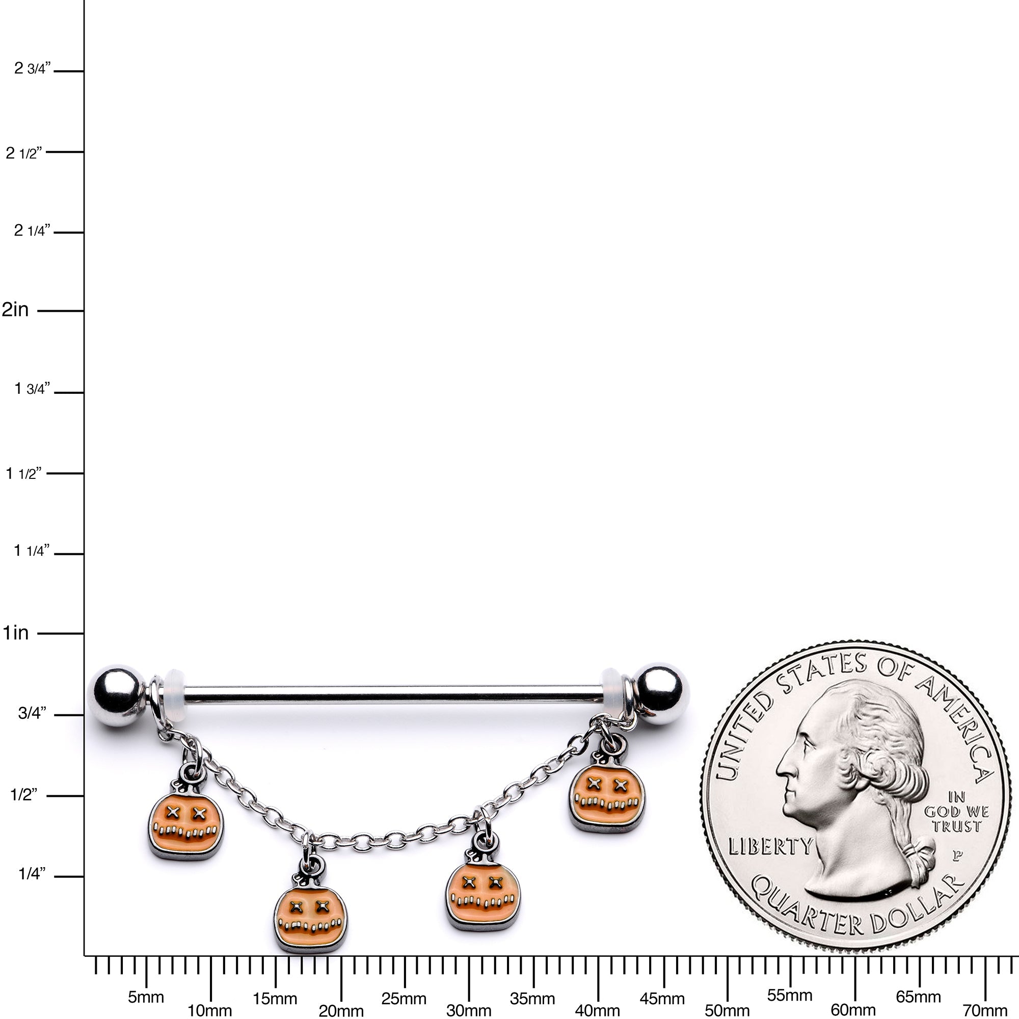 BodyCandy 14G Pumpkin Patch Halloween Chain Dangle Industrial Barbell 38mm — in-use photo