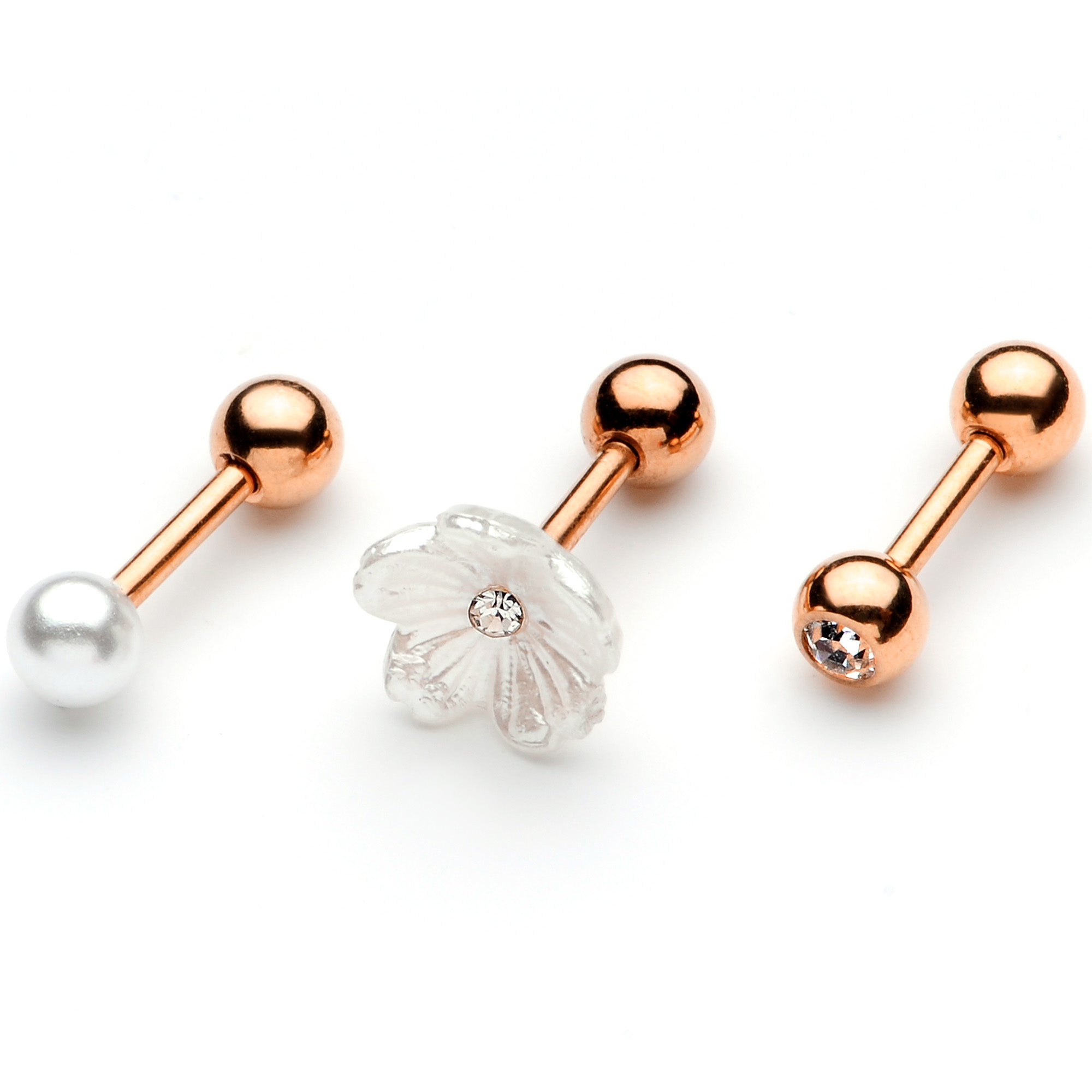 BodyCandy 16G 1/4 Clear Gem Rose Gold Tone Flower Cartilage Tragus Curation Set of 3 — main product shot