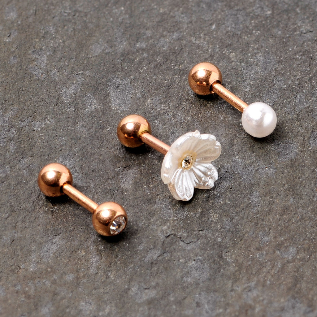 BodyCandy 16G 1/4 Clear Gem Rose Gold Tone Flower Cartilage Tragus Curation Set of 3 — detail close-up