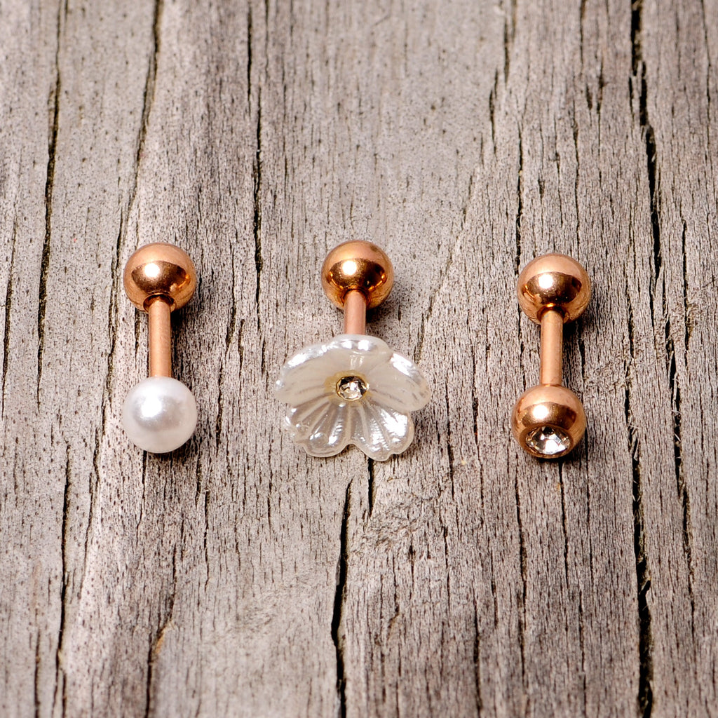 BodyCandy 16G 1/4 Clear Gem Rose Gold Tone Flower Cartilage Tragus Curation Set of 3 — lifestyle context