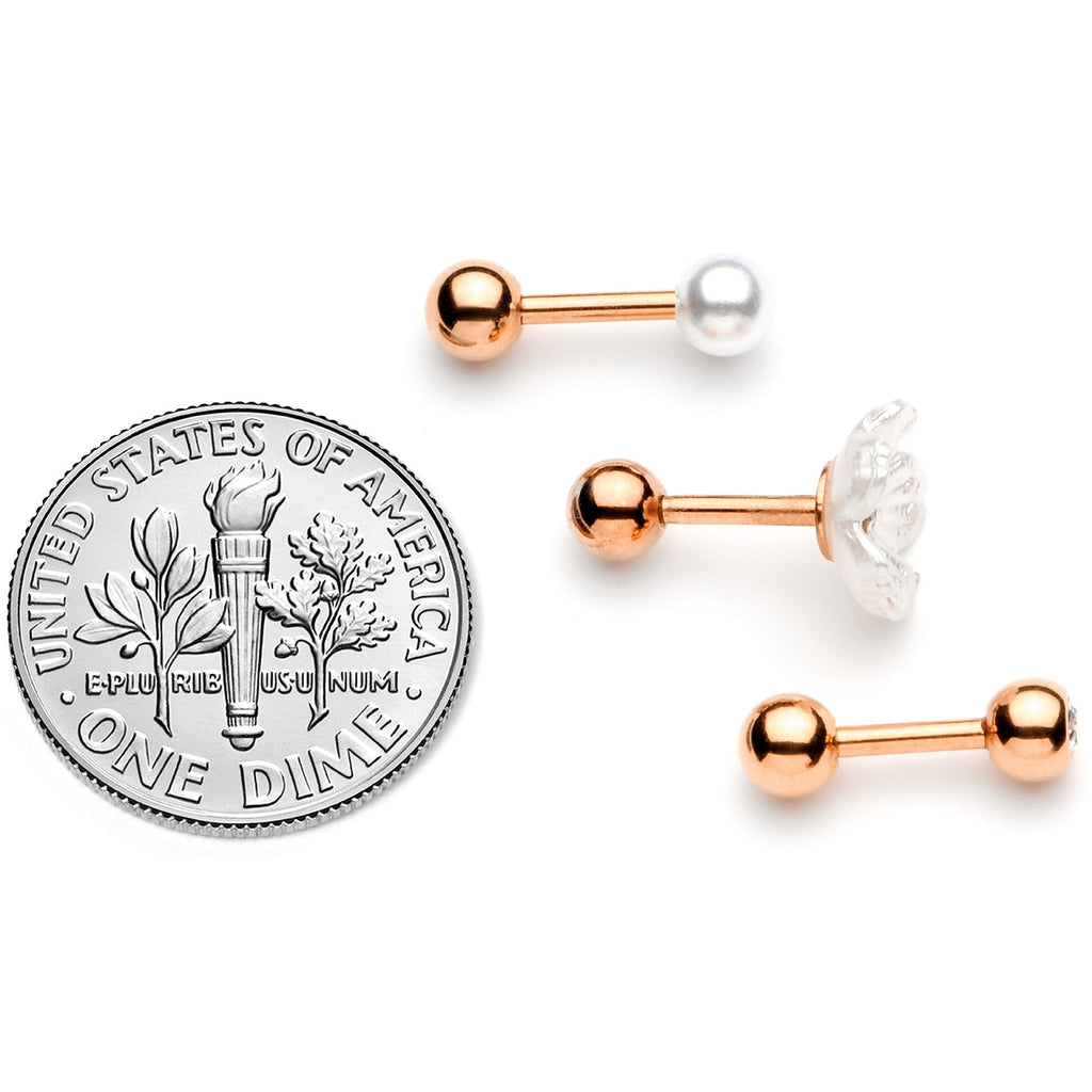 BodyCandy 16G 1/4 Clear Gem Rose Gold Tone Flower Cartilage Tragus Curation Set of 3 — back view