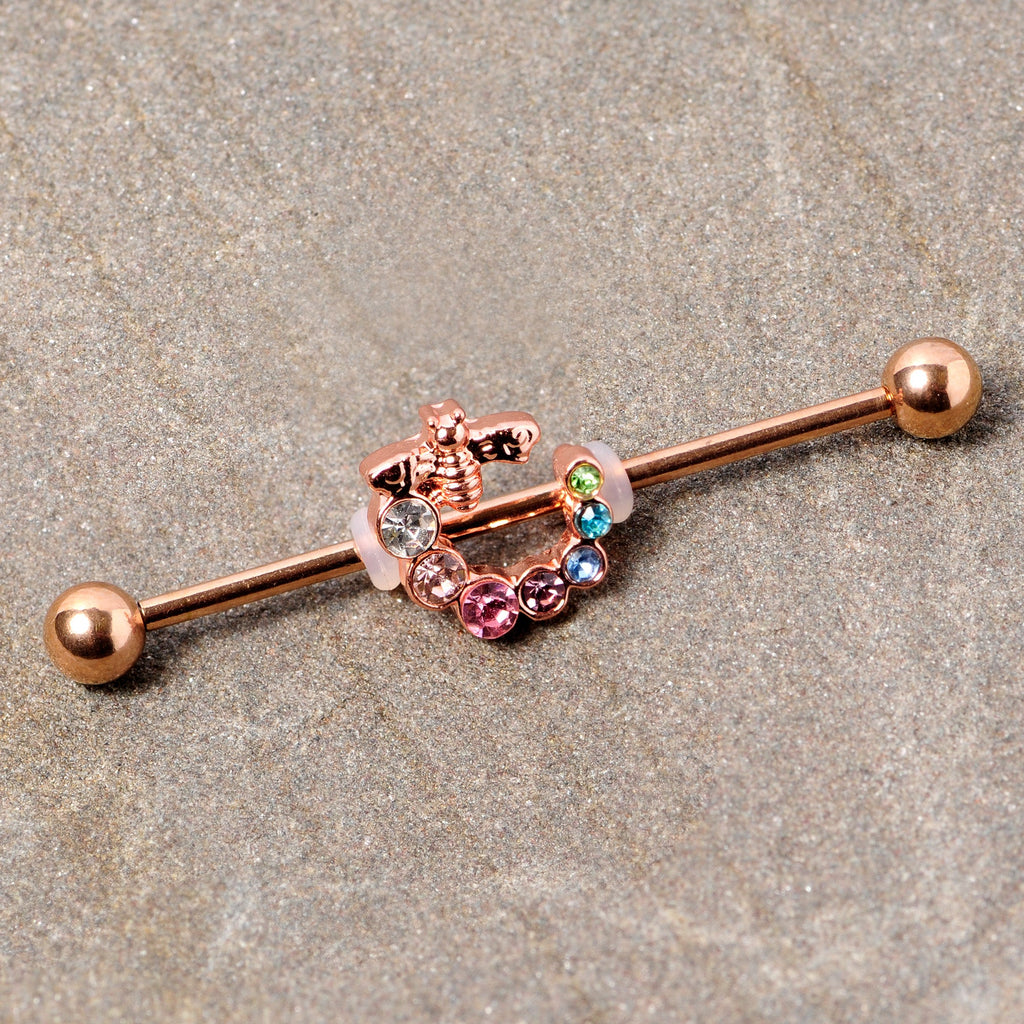 BodyCandy 14G Multicolor Gem Rose Gold Tone Bee Industrial Barbell 38mm — detail close-up