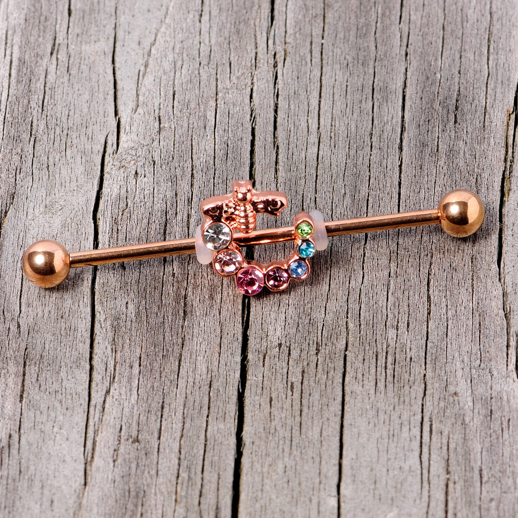 BodyCandy 14G Multicolor Gem Rose Gold Tone Bee Industrial Barbell 38mm — lifestyle context