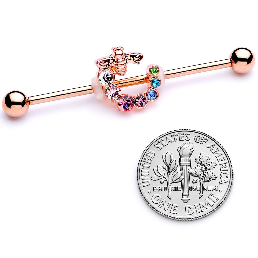 BodyCandy 14G Multicolor Gem Rose Gold Tone Bee Industrial Barbell 38mm — side view