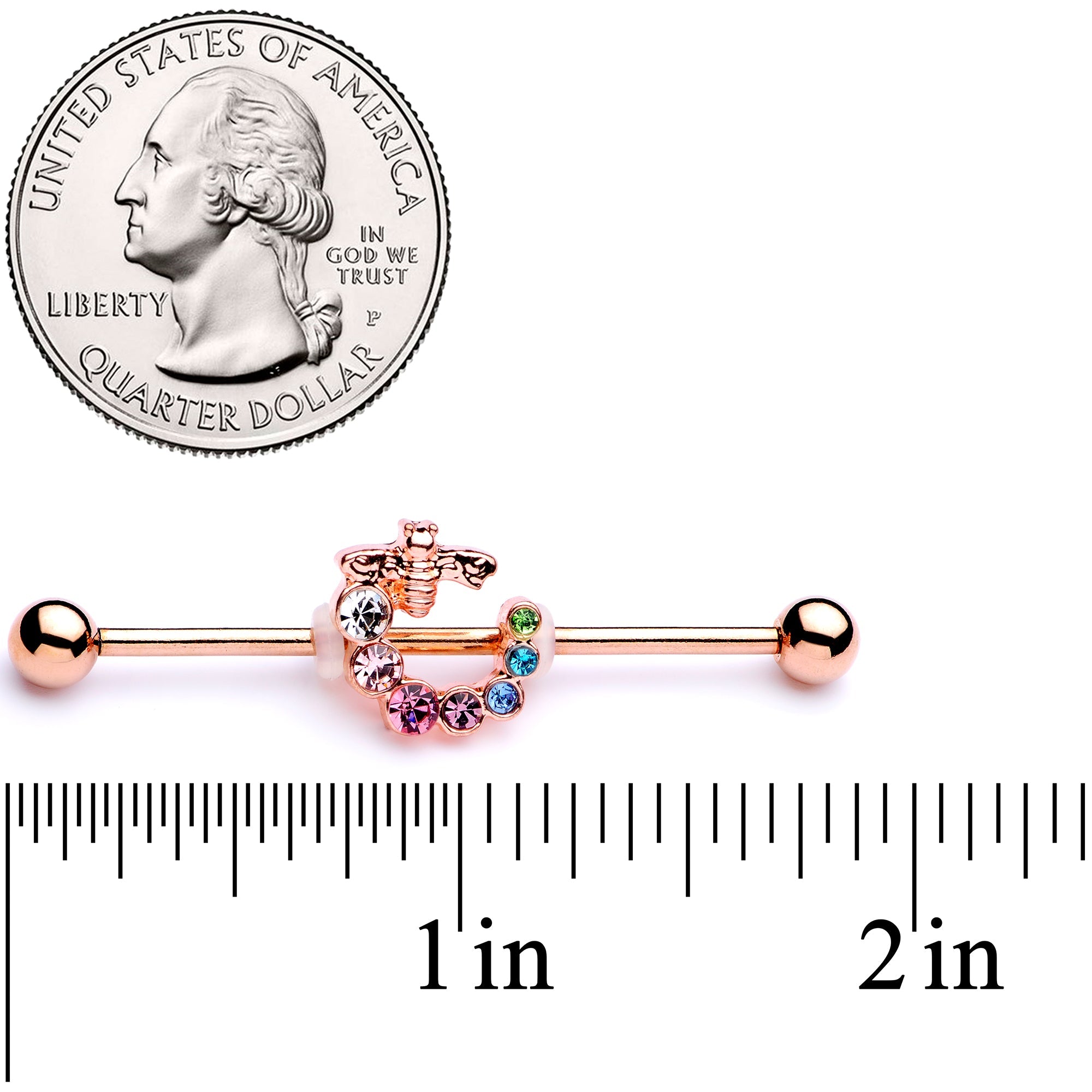 BodyCandy 14G Multicolor Gem Rose Gold Tone Bee Industrial Barbell 38mm — back view