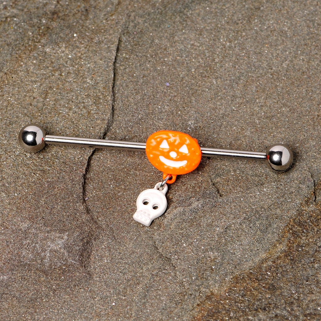 BodyCandy 14G Pumpkin Skull Halloween Dangle Industrial Barbell 38mm — detail close-up