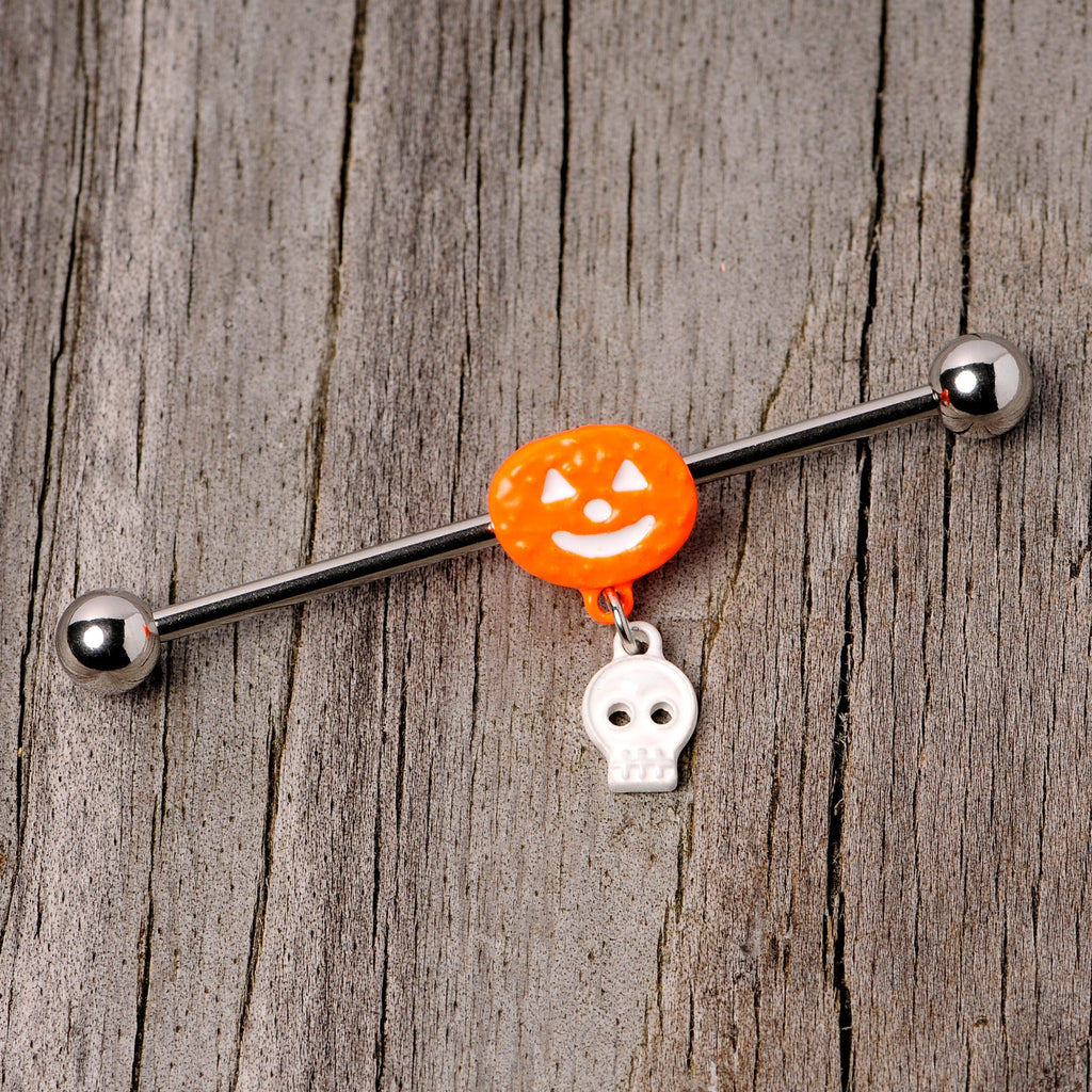 BodyCandy 14G Pumpkin Skull Halloween Dangle Industrial Barbell 38mm — lifestyle context