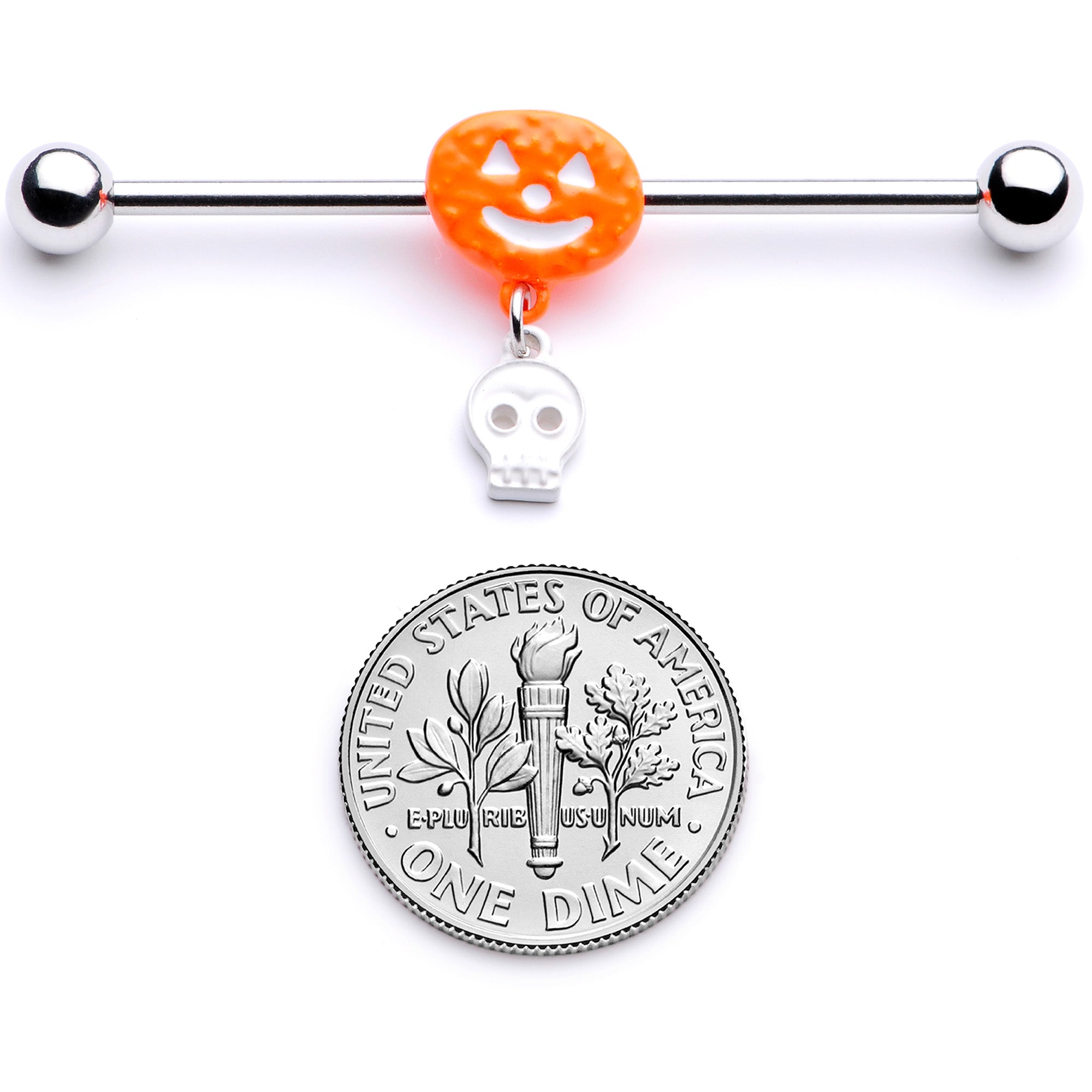BodyCandy 14G Pumpkin Skull Halloween Dangle Industrial Barbell 38mm — side view