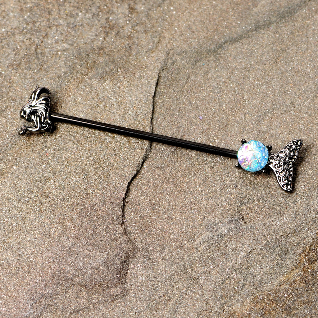 BodyCandy 14G Black Blue Mermaid Scale Tail Industrial Barbell 38mm — detail close-up