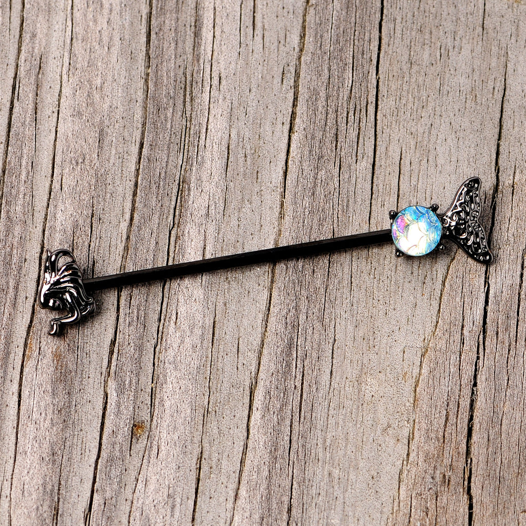 BodyCandy 14G Black Blue Mermaid Scale Tail Industrial Barbell 38mm — lifestyle context