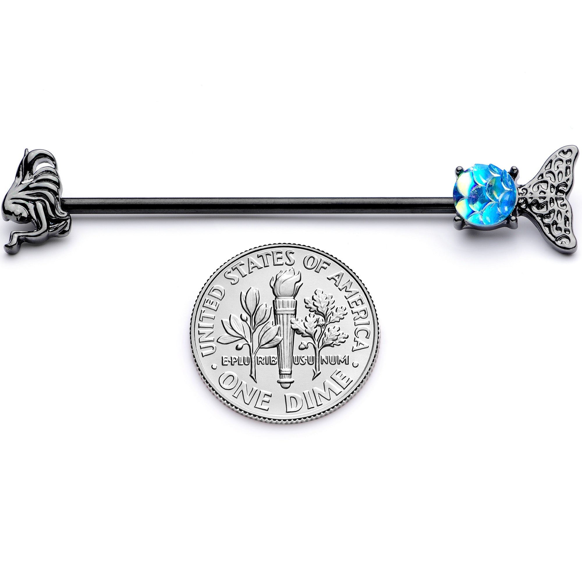 BodyCandy 14G Black Blue Mermaid Scale Tail Industrial Barbell 38mm — side view
