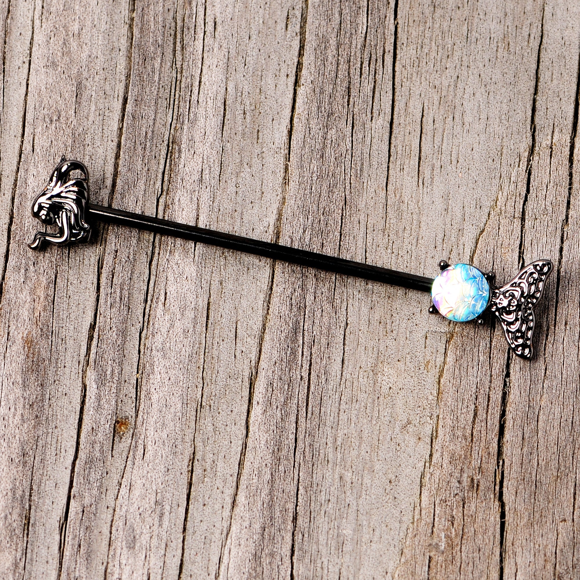 BodyCandy 14G Black Blue Mermaid Scale Tail Industrial Barbell 38mm — back view