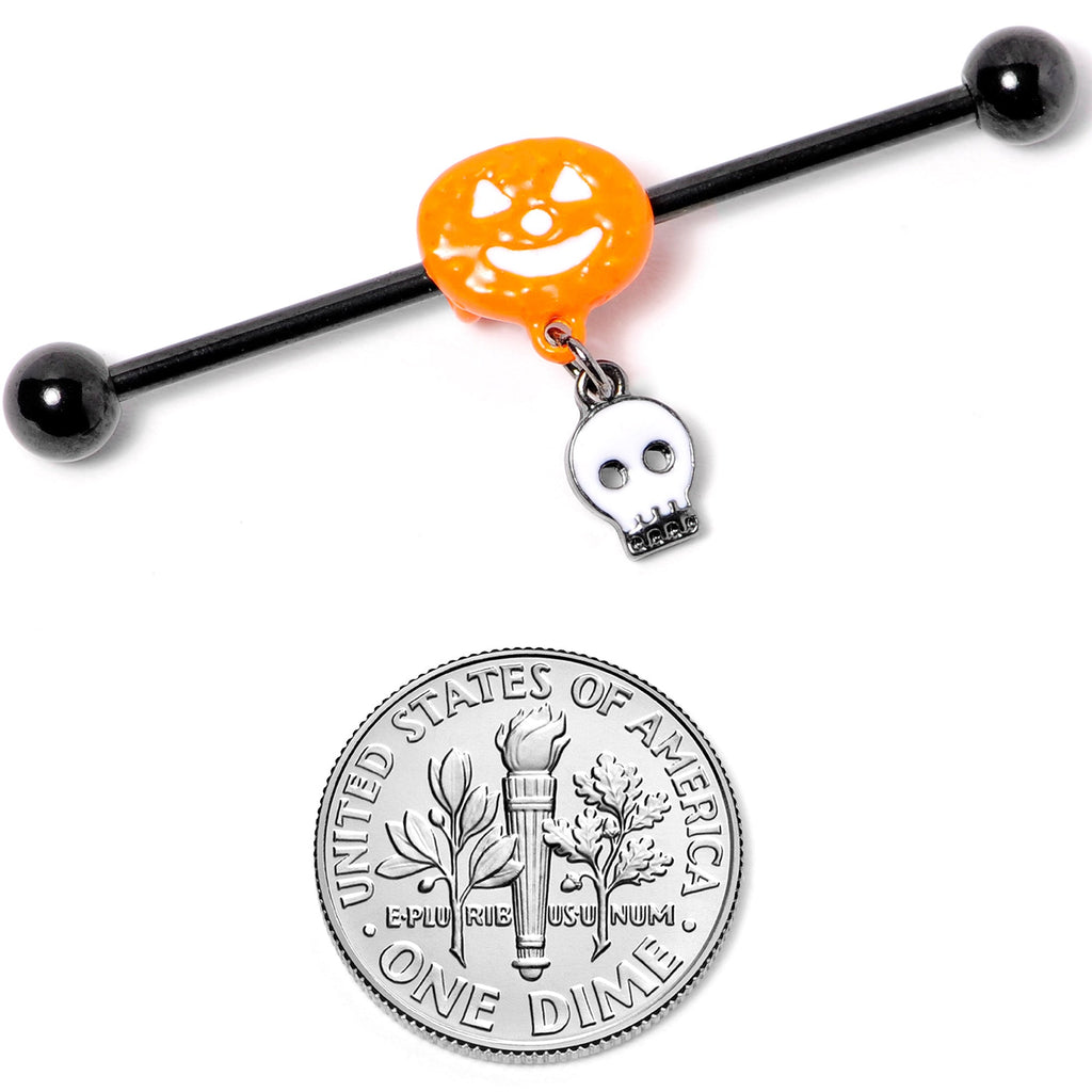 BodyCandy 14G Orange Pumpkin Skull Halloween Dangle Industrial Barbell 38mm — side view