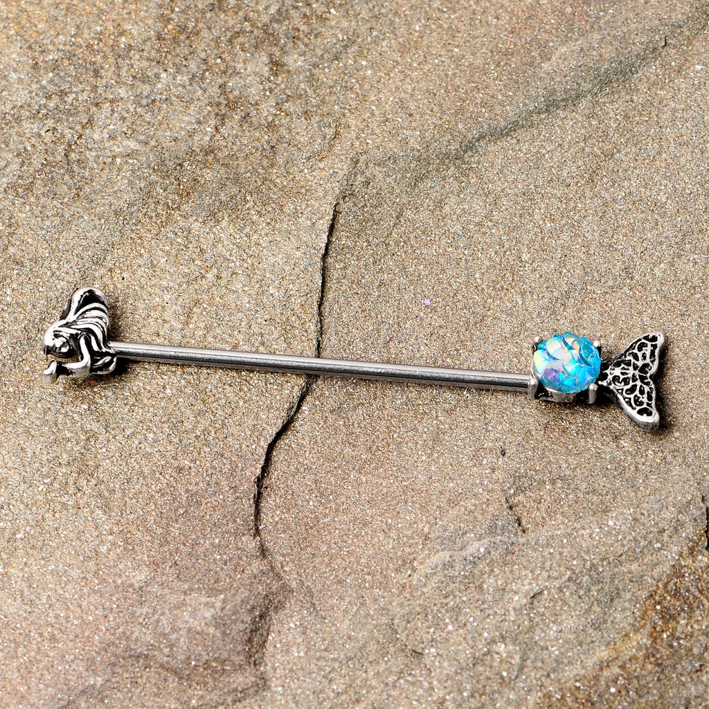 BodyCandy 14G Blue Mermaid Scale Tail Industrial Barbell 38mm — detail close-up