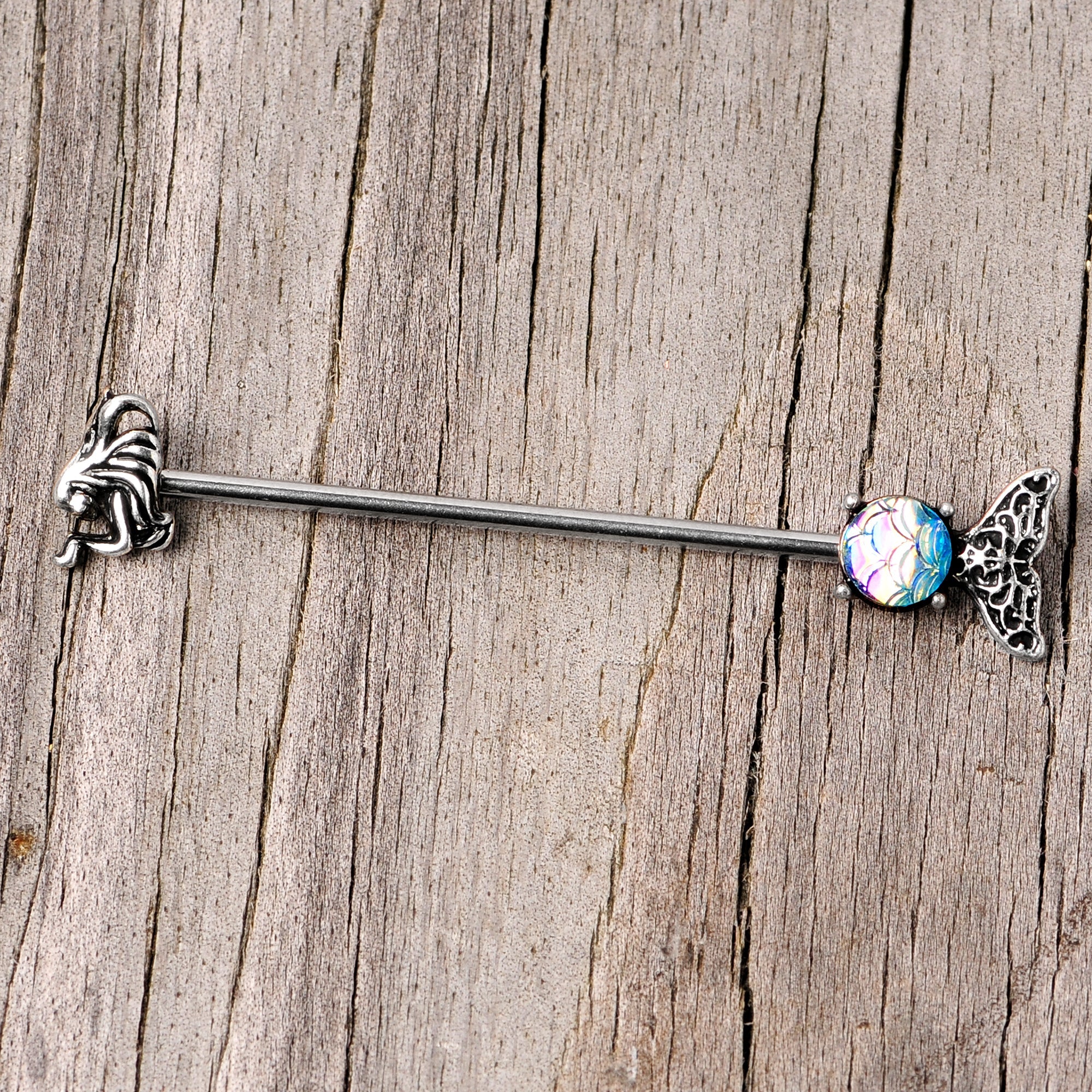 BodyCandy 14G Blue Mermaid Scale Tail Industrial Barbell 38mm — lifestyle context