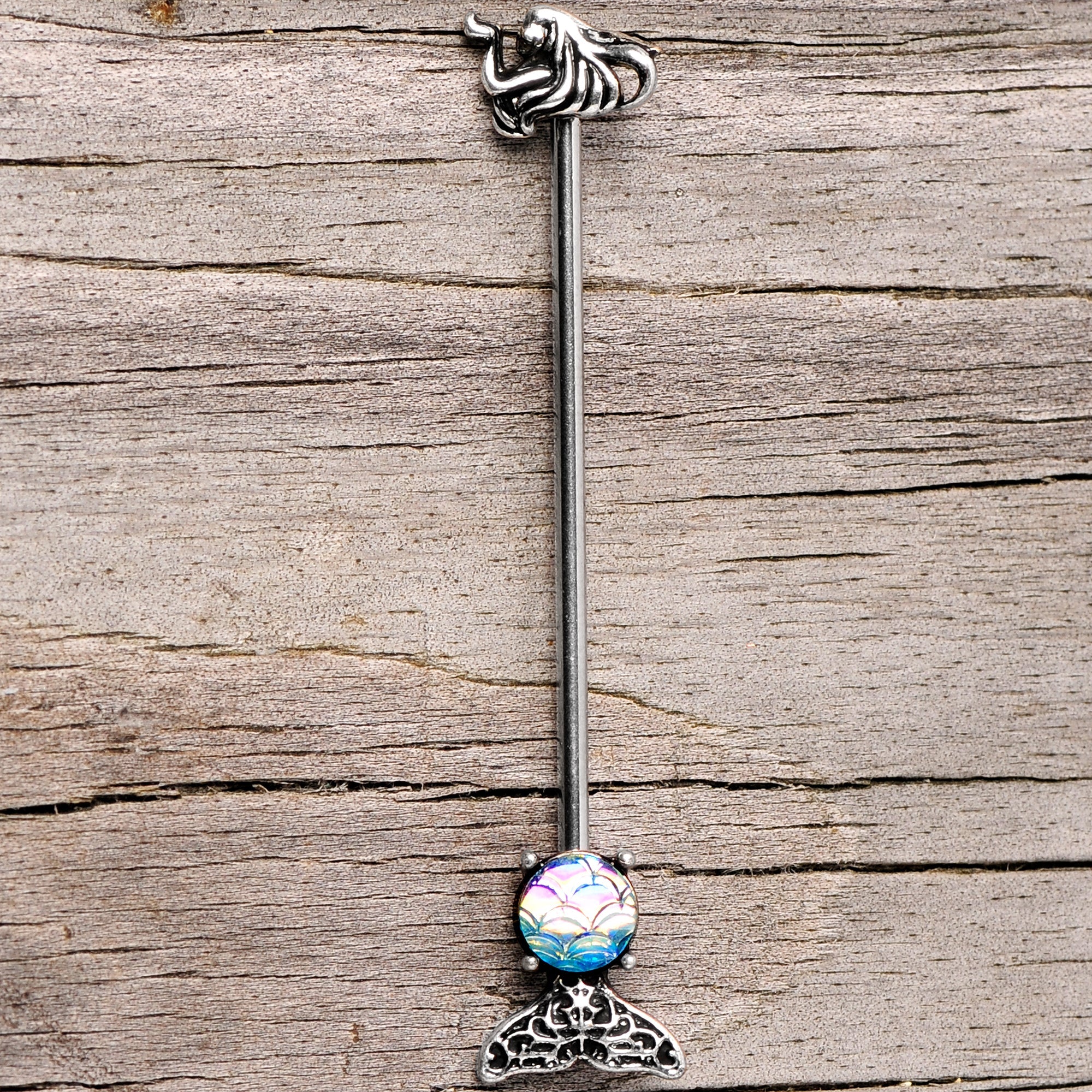 BodyCandy 14G Blue Mermaid Scale Tail Industrial Barbell 38mm — back view