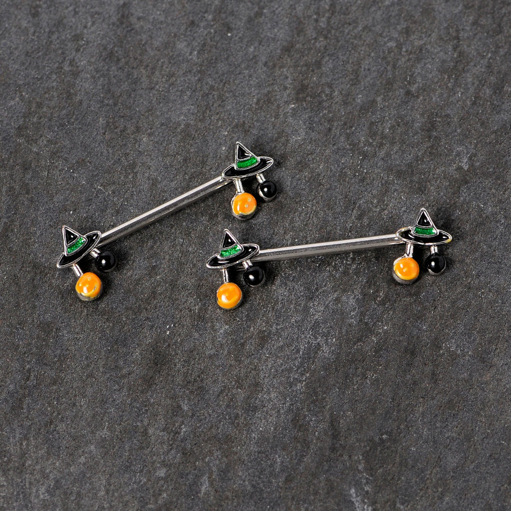 BodyCandy 14G 5/8 Trick or Treat Witch Hat Halloween Nipple Ring Set — detail close-up