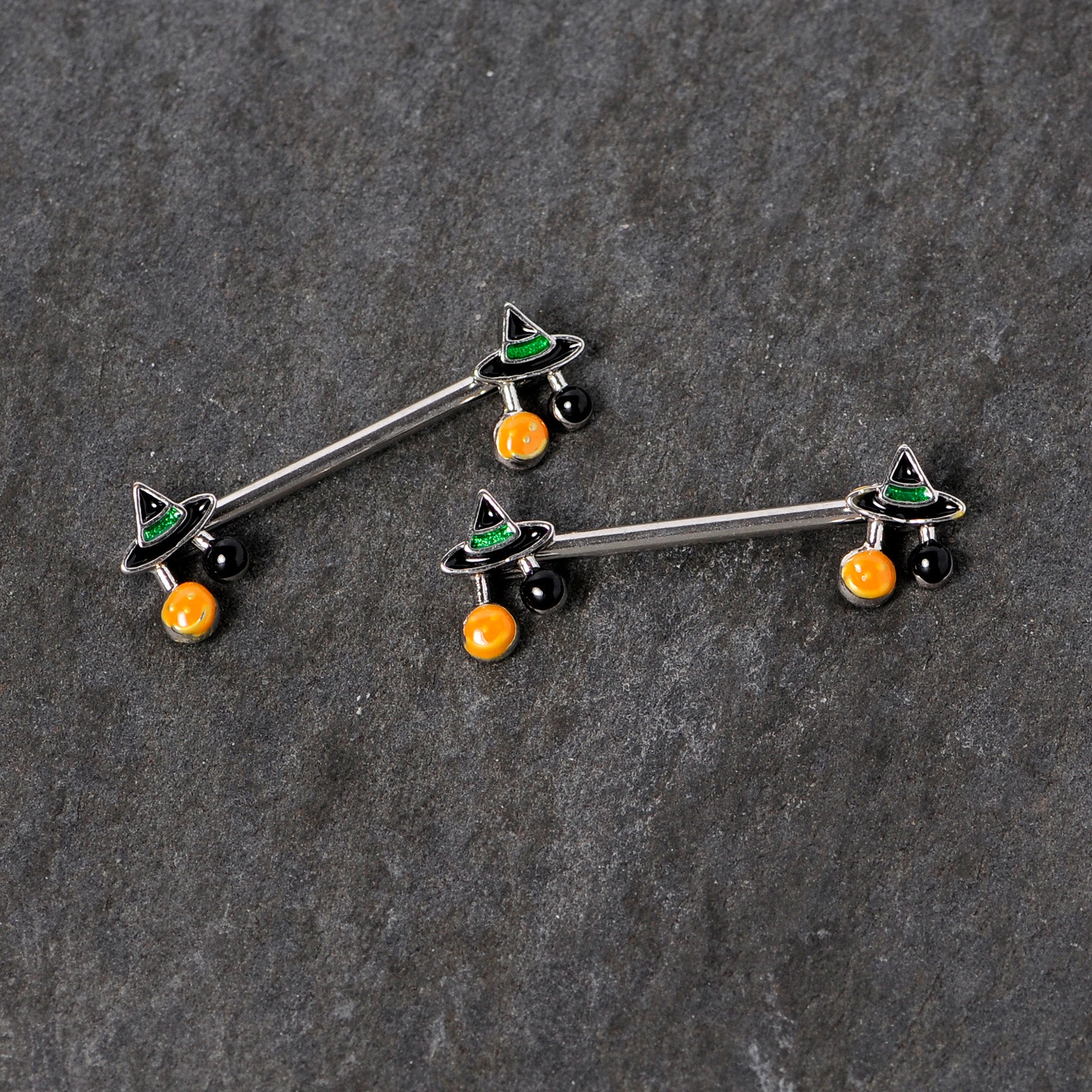 BodyCandy 14G 5/8 Trick or Treat Witch Hat Halloween Nipple Ring Set — detail close-up