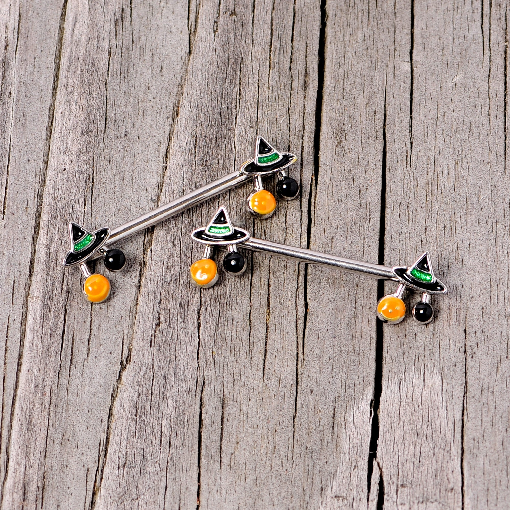 BodyCandy 14G 5/8 Trick or Treat Witch Hat Halloween Nipple Ring Set — side view