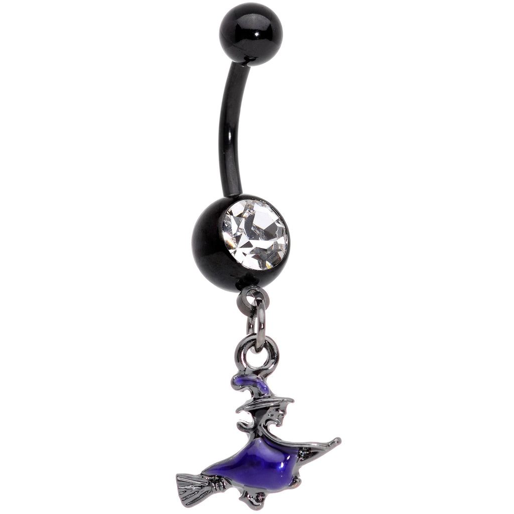 BodyCandy Clear Gem Black Purple Broom Witch Halloween Dangle Belly Ring — main product shot