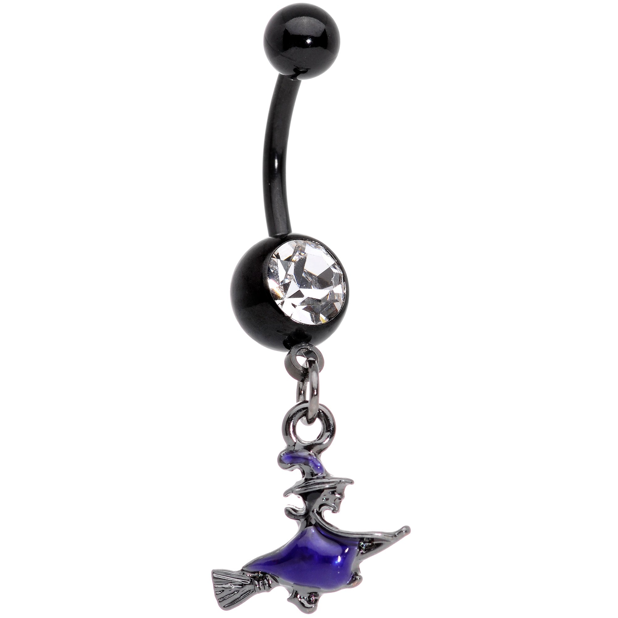 BodyCandy Clear Gem Black Purple Broom Witch Halloween Dangle Belly Ring — main product shot
